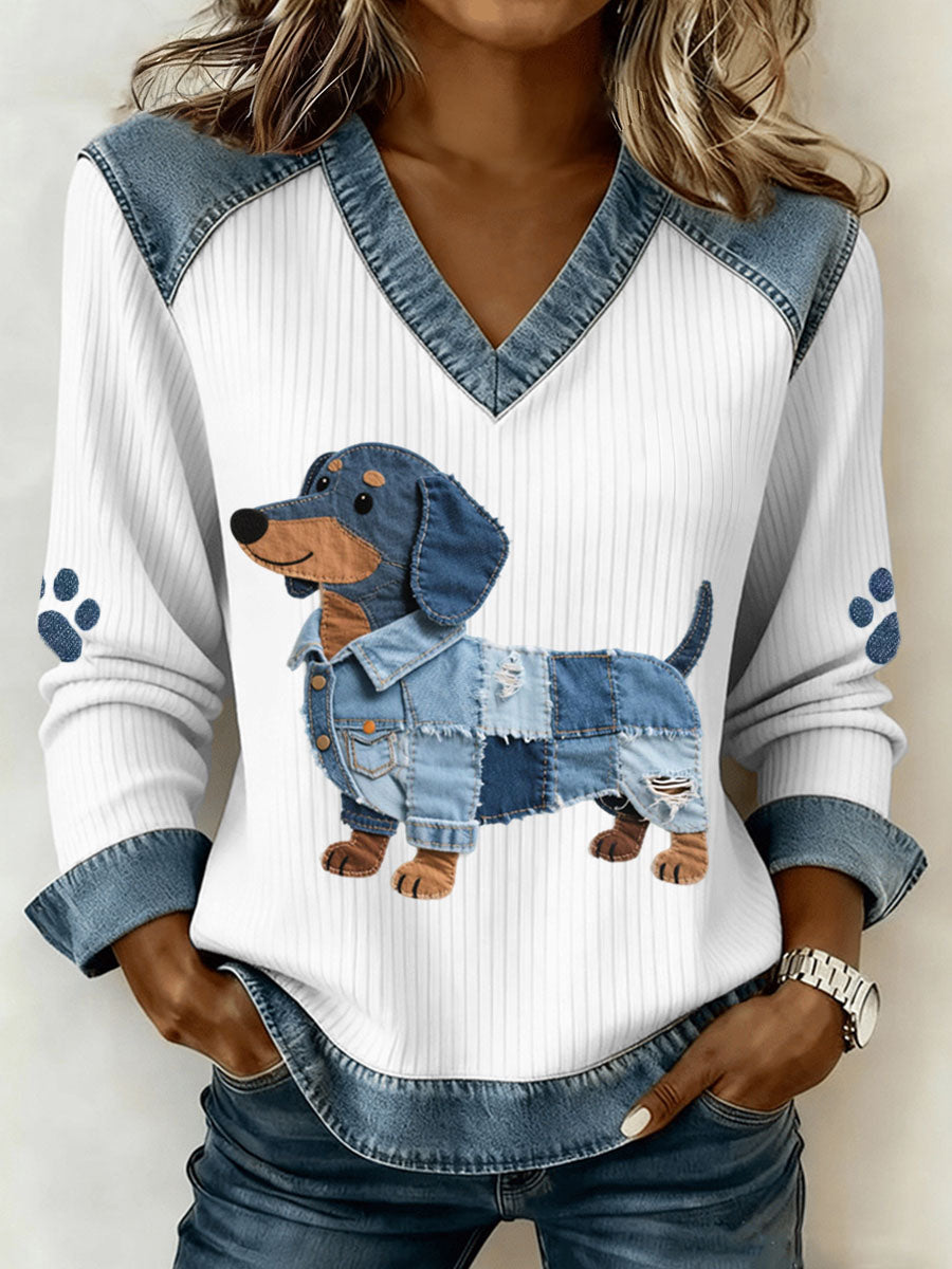 Women's Cute Dachshund Pattern Denim Patchwork Art V-Neck Top