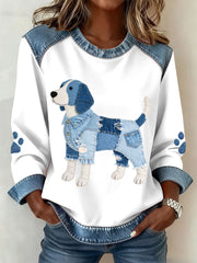 Women's Lovely Beagle Dog Pattern Denim Patchwork Sweatshirt