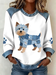 Women's Lovely Yorkshire Terrier Dog Pattern Denim Patchwork Sweatshirt