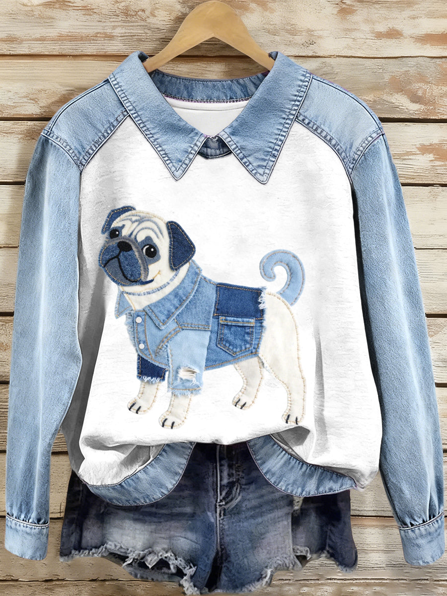 Women's Denim Patchwork Pug Dog Pattern Sweatshirt