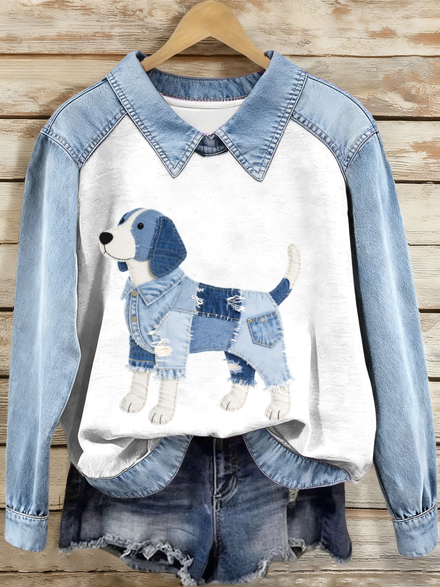 Women's Denim Patchwork Beagle Dog Pattern Sweatshirt
