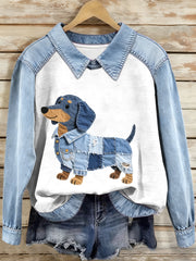 Women's Denim Patchwork Dachshund Pattern Sweatshirt