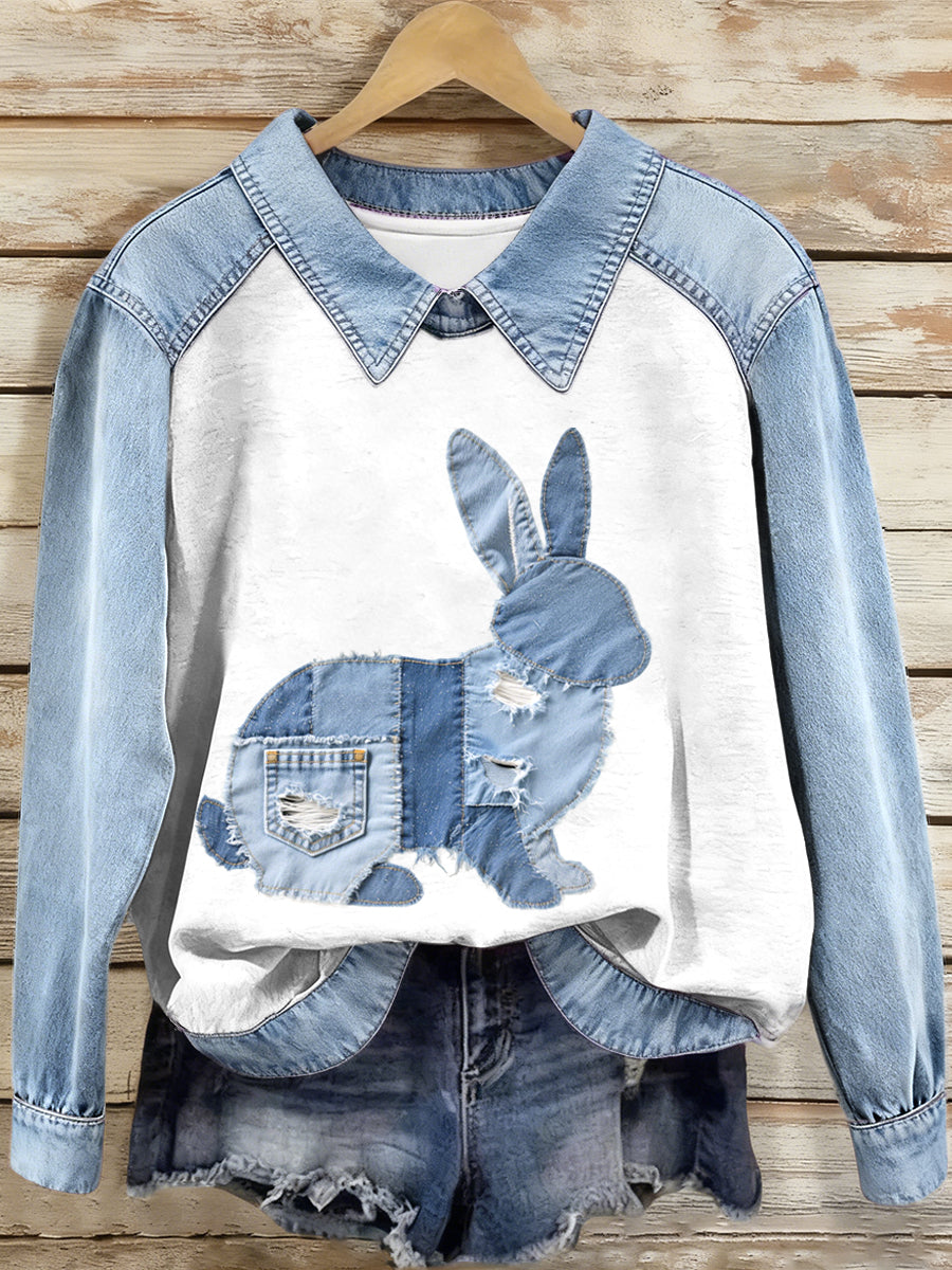 Women's Denim Patchwork Bunny Pattern Sweatshirt