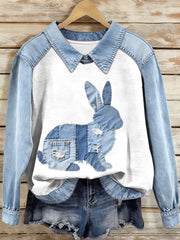 Women's Denim Patchwork Bunny Pattern Sweatshirt