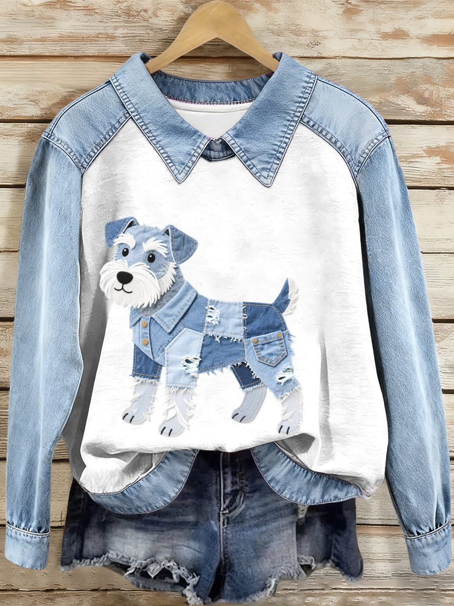 Women's Denim Patchwork Schnauzer Dog Pattern Sweatshirt