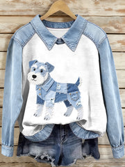 Women's Denim Patchwork Schnauzer Dog Pattern Sweatshirt