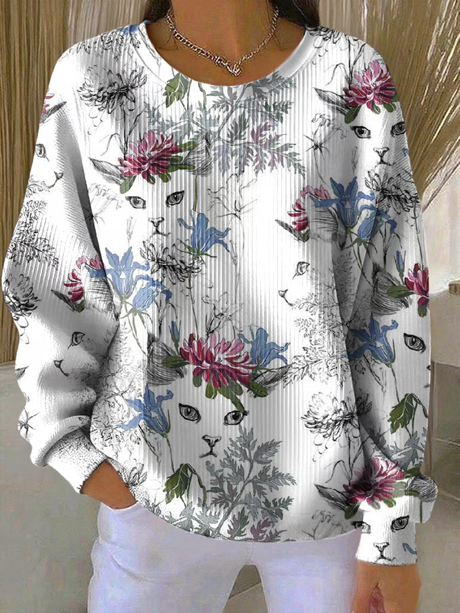 Women's Floral Cat Print  Ribbed Round-Neck Sweatshirt