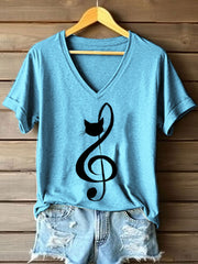 Women's Music Note Inspired Cat Print V-Neck T-Shirt