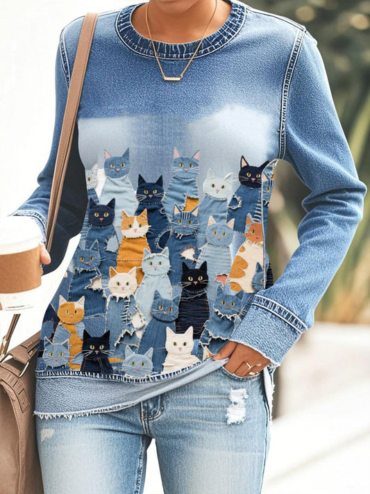 Women's denim cat print sweatshirt