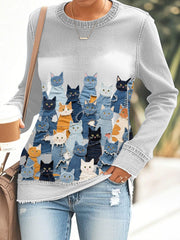 Women's denim cat print sweatshirt