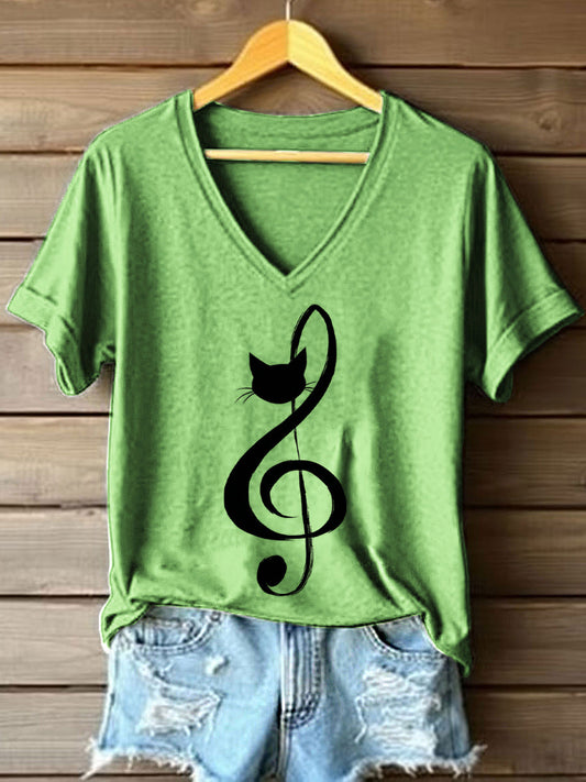 Women's Music Note Inspired Cat Print V-Neck T-Shirt