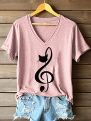 Women's Music Note Inspired Cat Print V-Neck T-Shirt