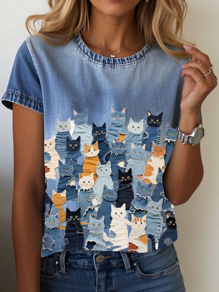 Women's denim print cat T-shirt
