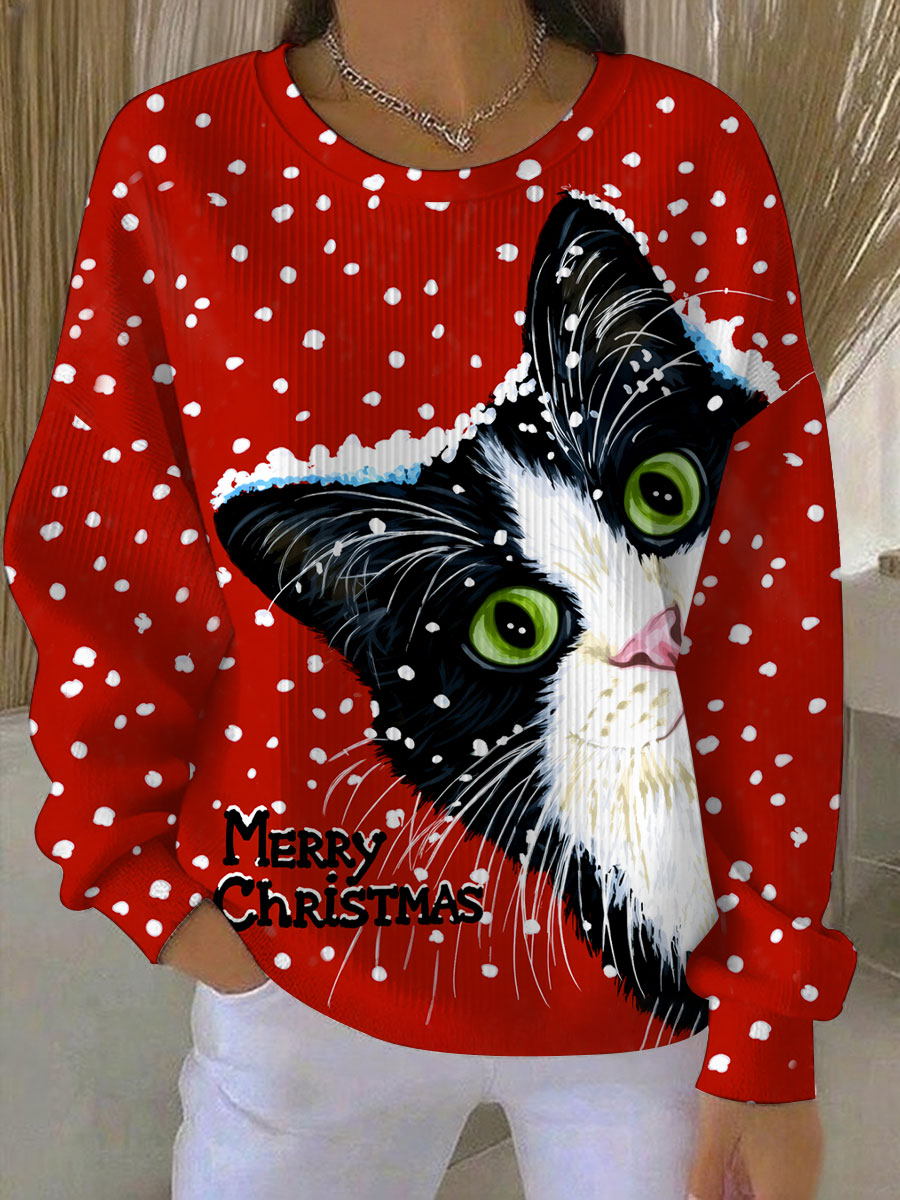 Women's Vintage Christmas Cat Printed Sweatshirt