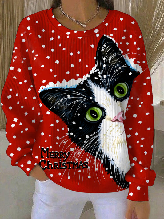 Women's Vintage Christmas Cat Printed Sweatshirt