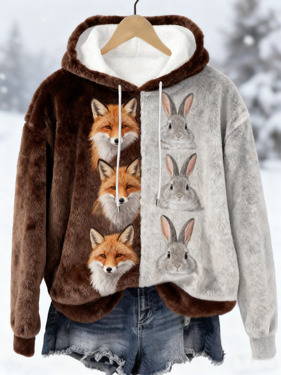 Women's Best Partner Fox And Bunny Print Casual Flannel Hoodie