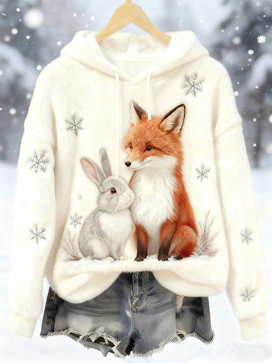 Women's Best Partner Fox And Bunny Print Casual Flannel Hoodie