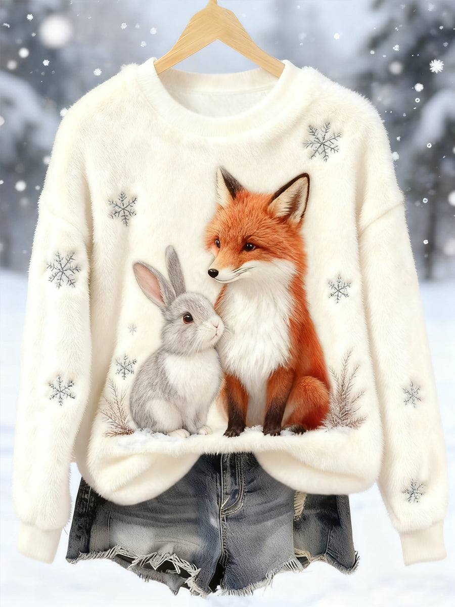 Women's Best Partner Fox And Bunny Print Casual Flannel Hoodie