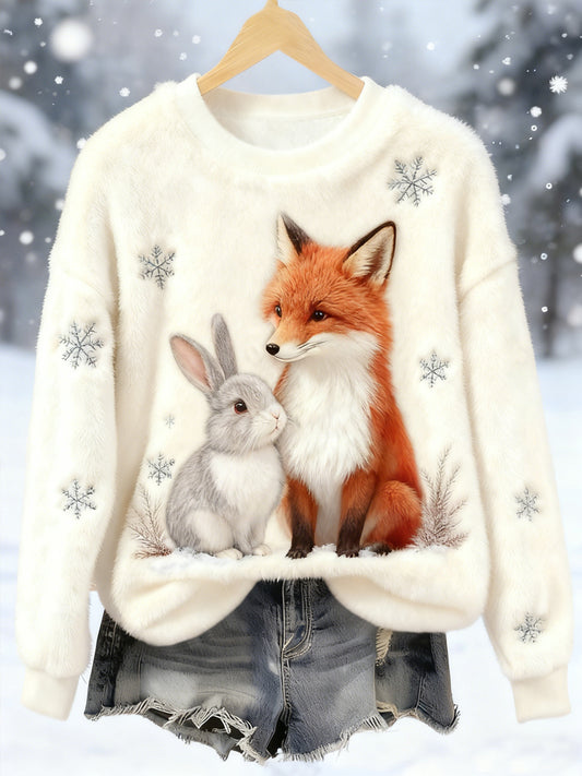Women's Best Partner Fox And Bunny Print Casual Flannel Hoodie