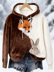 Women's Best Partner Fox And Bunny Print Casual Flannel Hoodie