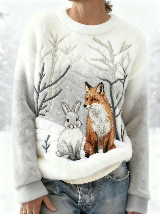 Women's Best Partner Fox And Bunny Print Casual Flannel Sweatshirt