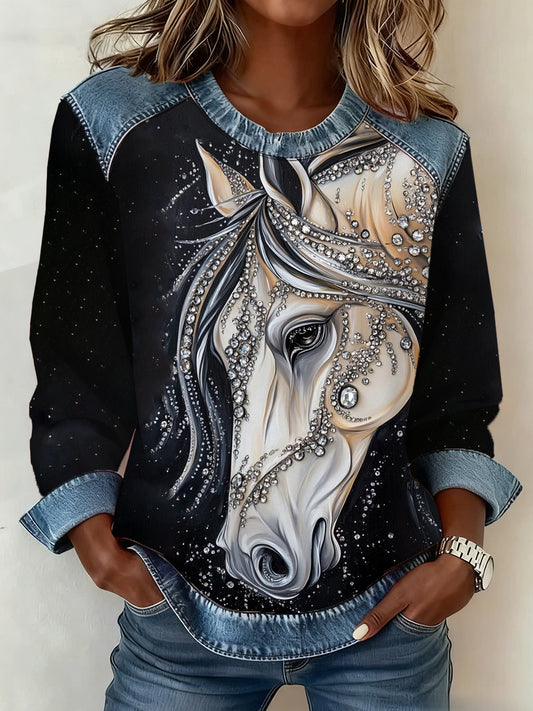 Women's Horse Print Denim Patchwork Top