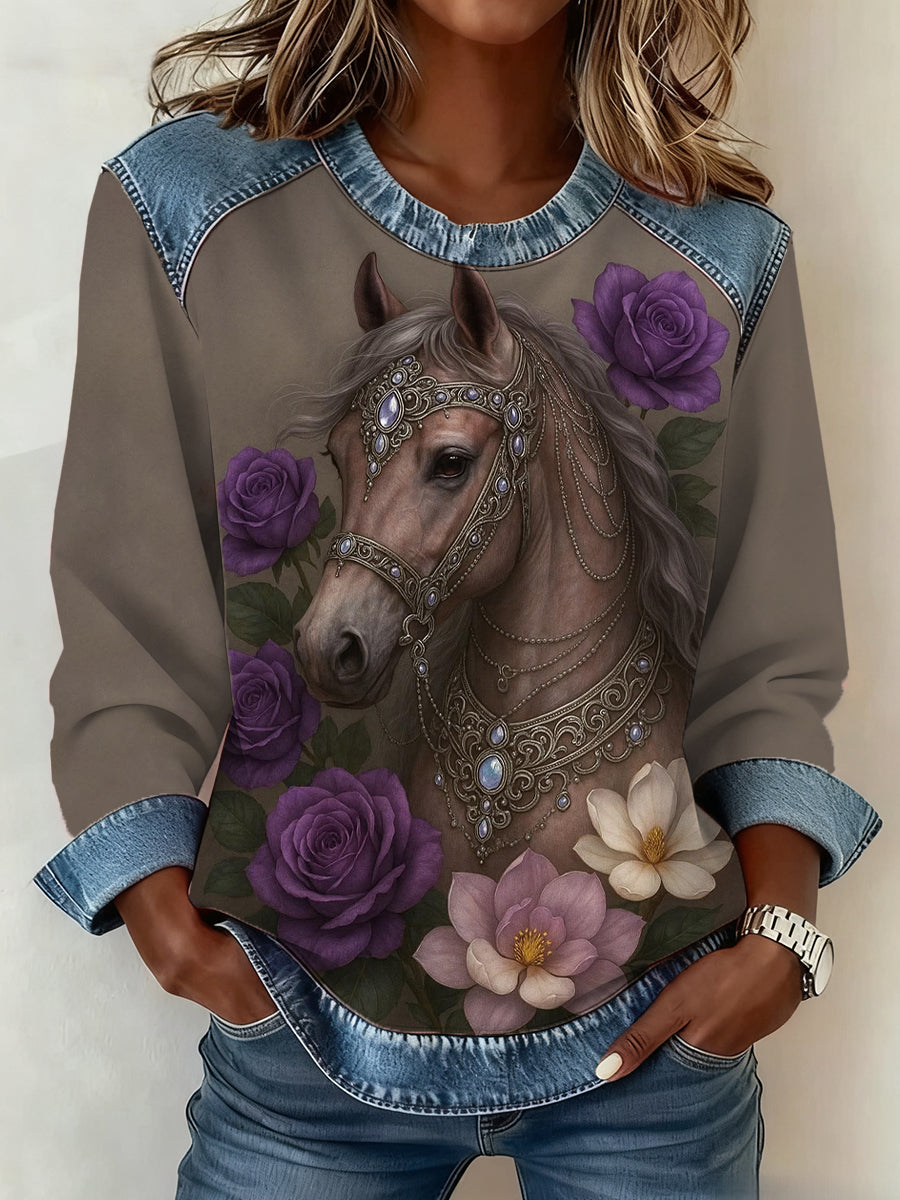Women's Horse Print Denim Patchwork Top