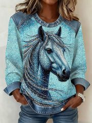 Women's Horse Print Denim Patchwork Top