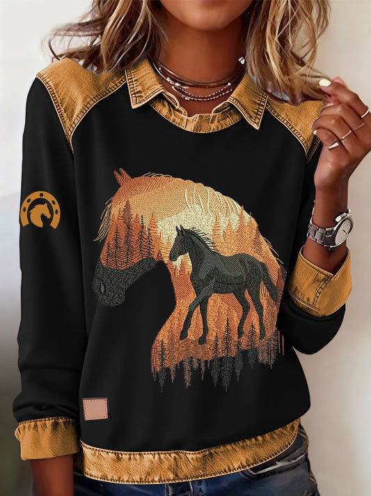 Women's Retro Horse Print Horse Lovers Casual Sweatshirt