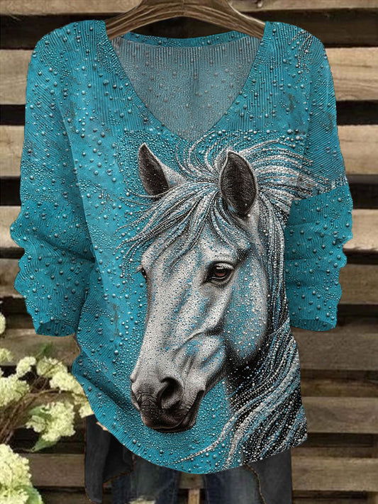 Women's Retro Western Style Horses Art Printed Tops