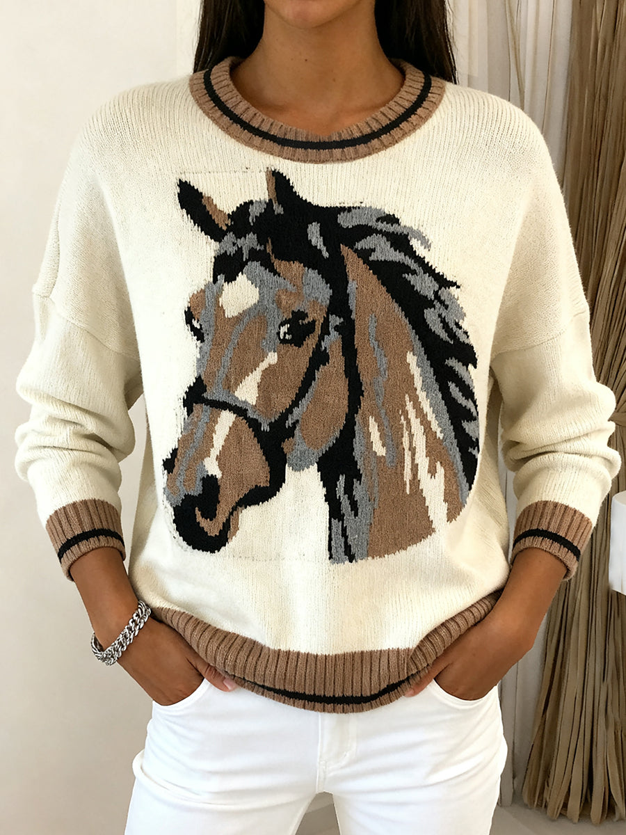 Women's Vintage Horse Pattern Cozy Knit Sweater