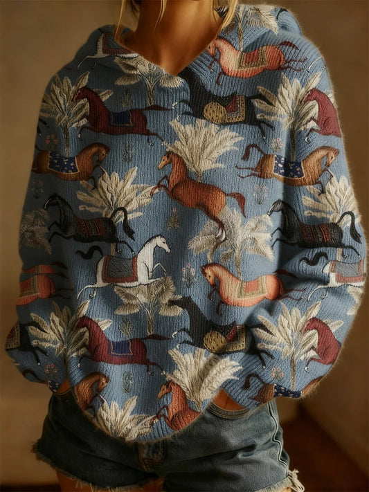 Women's Retro Horse Art Print Casual Top