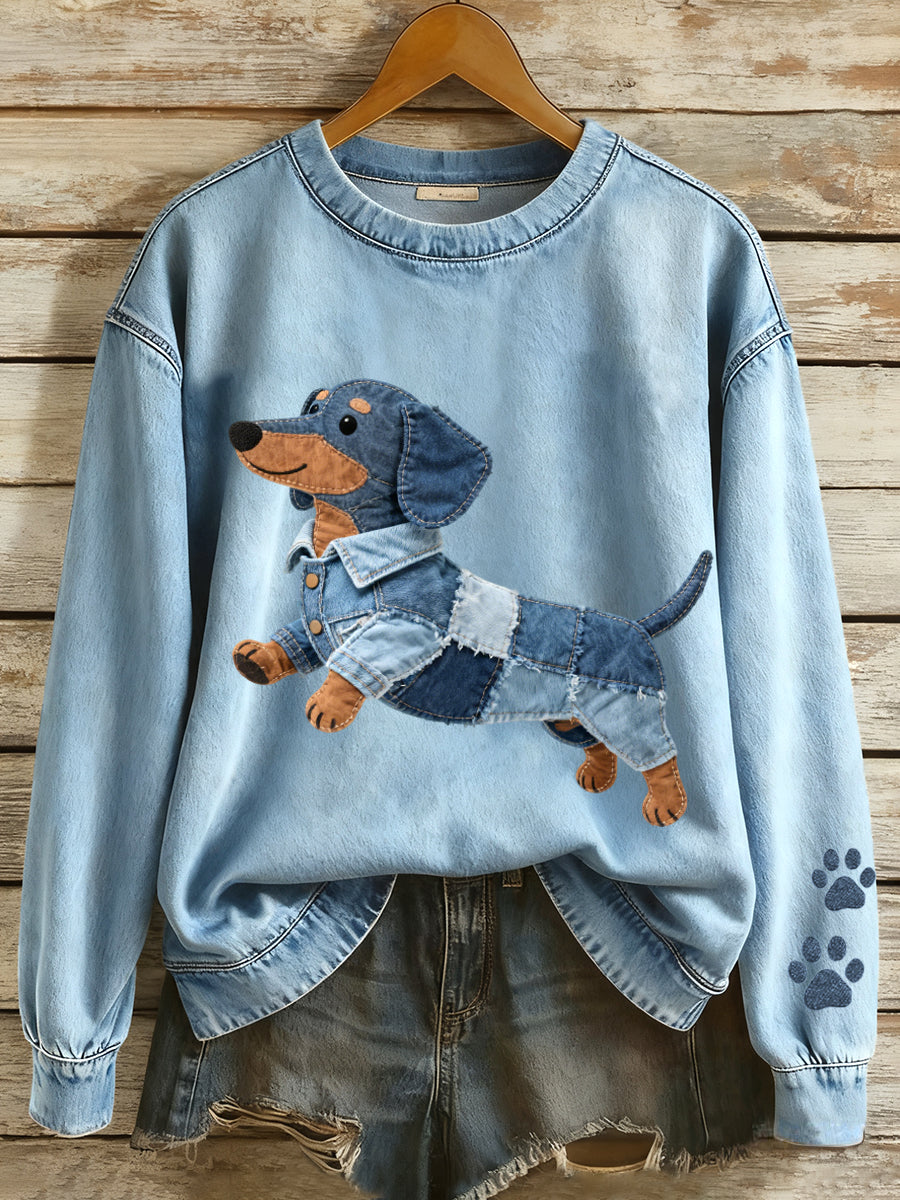Women's Denim Patchwork Art Dachshund Dog Pattern Sweatshirt