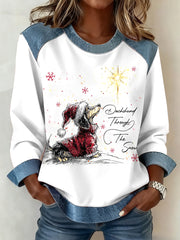 Women's Christmas Dachshund Through The Snow Print Casual Denim Patchwork Top
