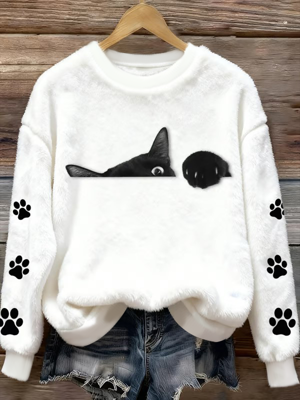 Women's Fun Animal Cat Printed Flannel Sweatshirt