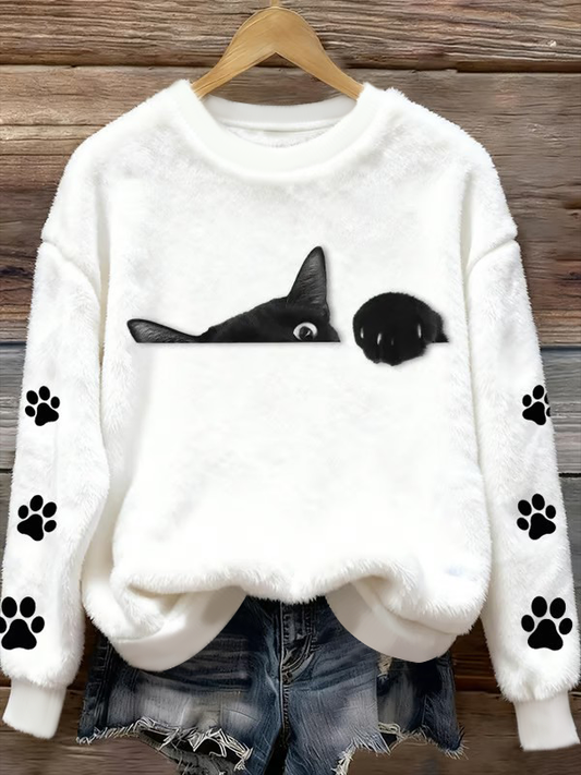 Women's Fun Animal Cat Printed Flannel Sweatshirt