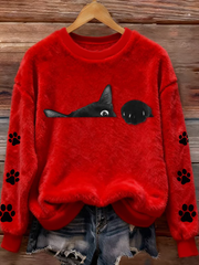 Women's Fun Animal Cat Printed Flannel Sweatshirt