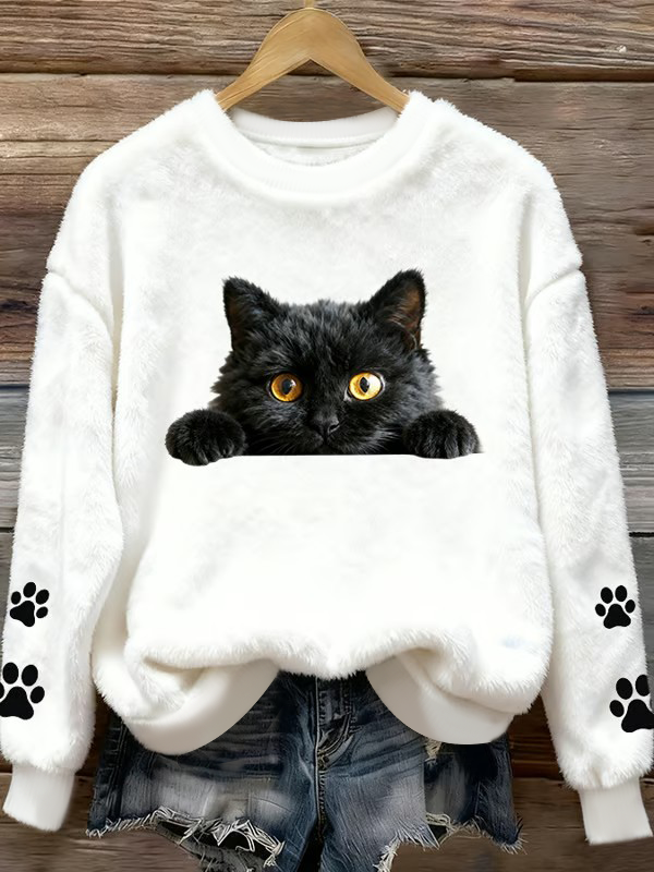 Women's Fun Animal Cat Printed Flannel Sweatshirt