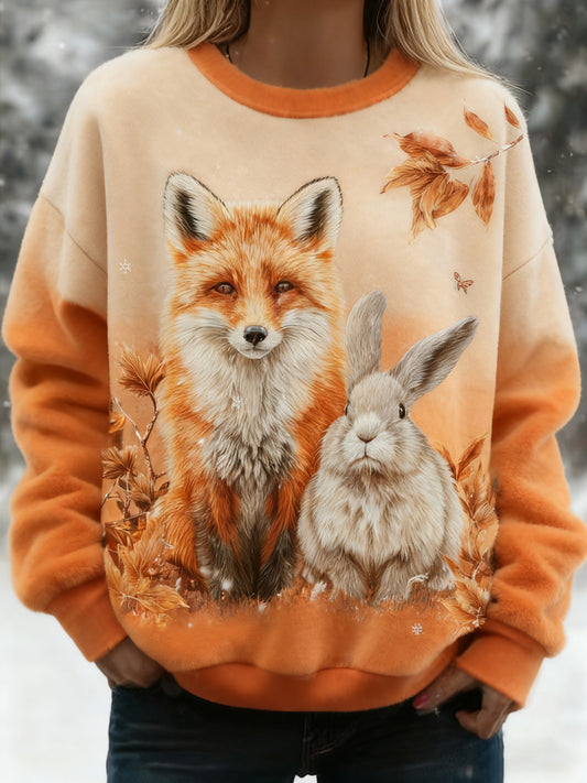 Women's Best Partner Fox And Bunny Print Casual Flannel Sweatshirt