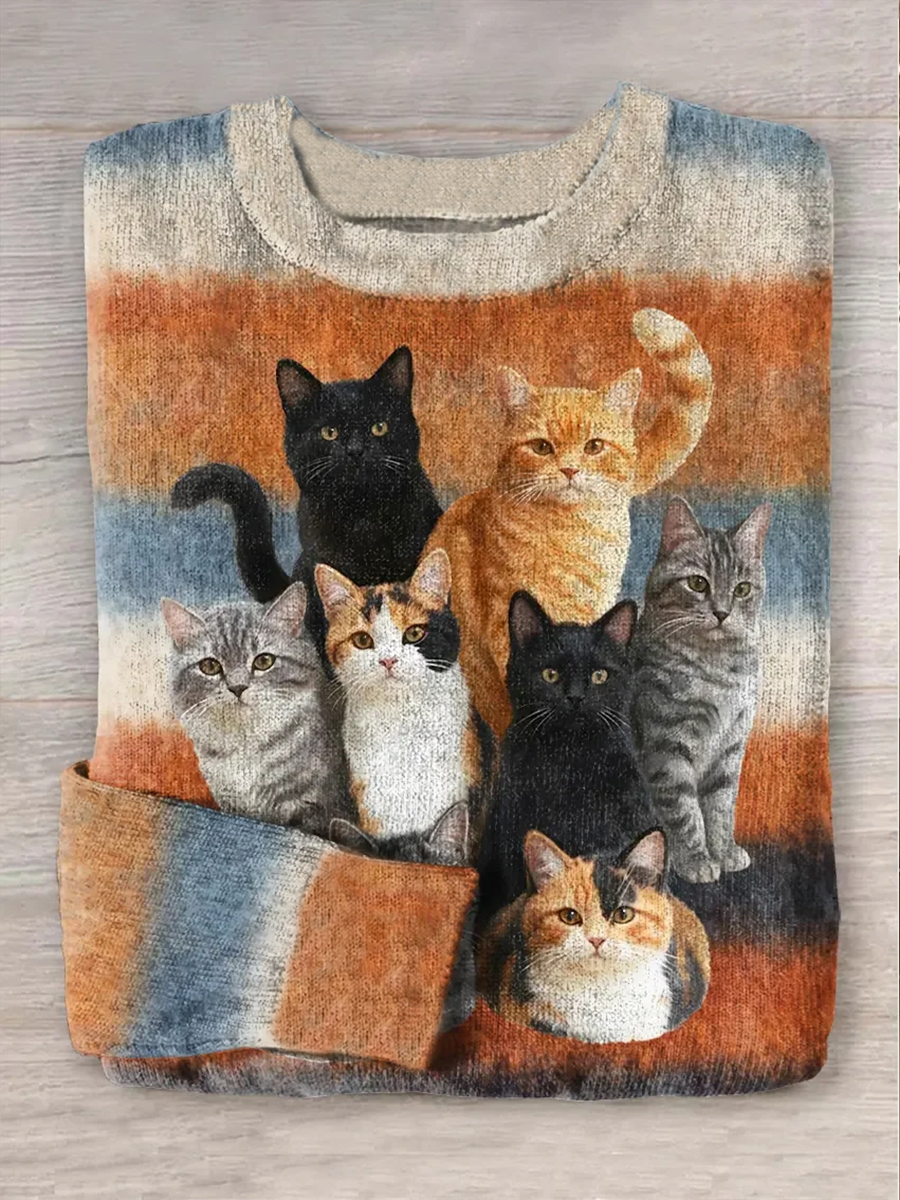 Women's Fun Cat Pattern Art Print Crew Neck Sweater