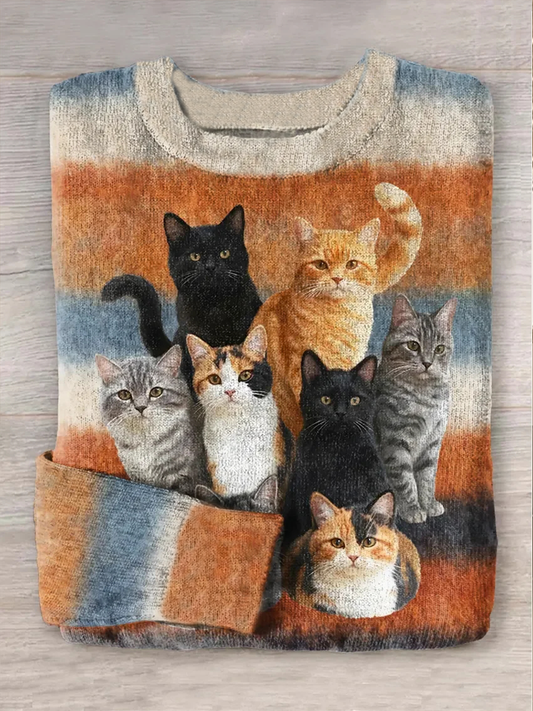 Women's Fun Cat Pattern Art Print Crew Neck Sweater