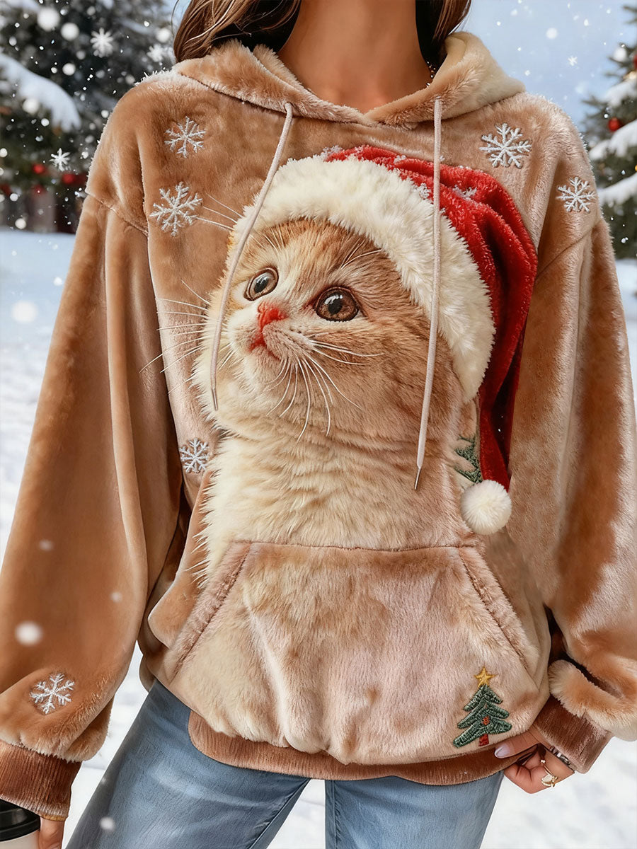 Women's Cute Christmas Cat Art Print Casual Flannel Sweatshirt