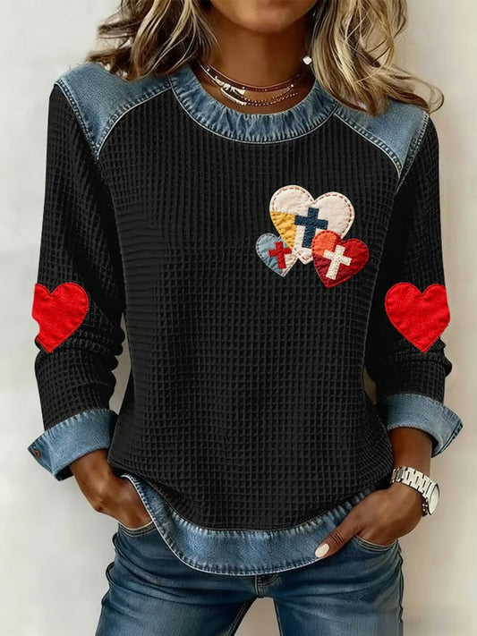 Women's  Love Christian Cross Denim Patchwork Sweatshirt