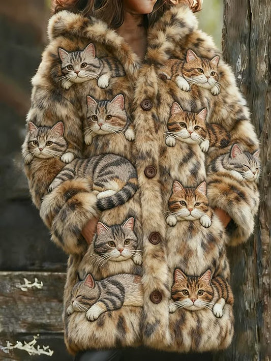 Women's Cat Print Flannel Warm Jacket