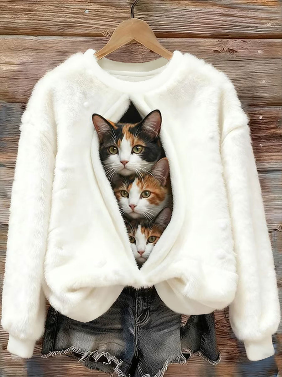 Women's Cat Printed Flannel Sweatshirt