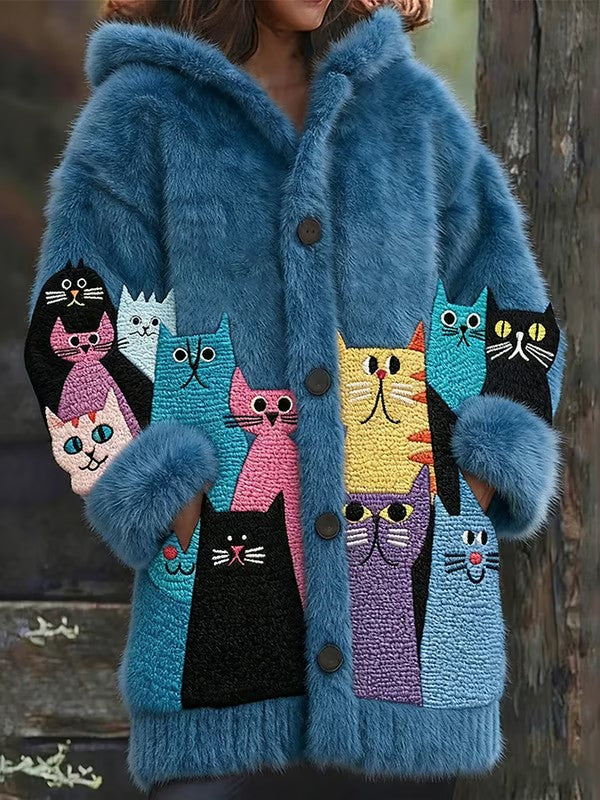 Women's Animal Cat Print Flannel Warm Jacket