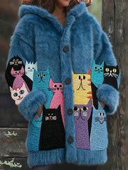 Women's Animal Cat Print Flannel Warm Jacket