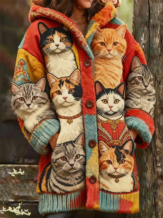 Women's Animal Cat Print Flannel Warm Jacket