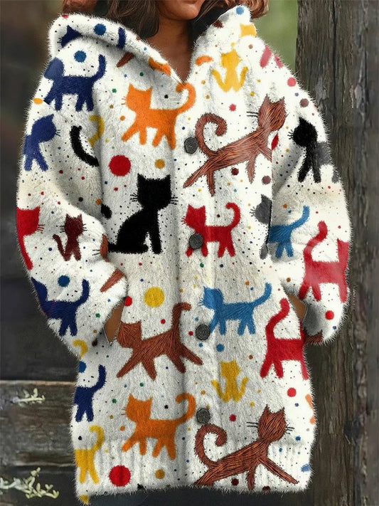 Women's Animal Cat Print Flannel Warm Jacket