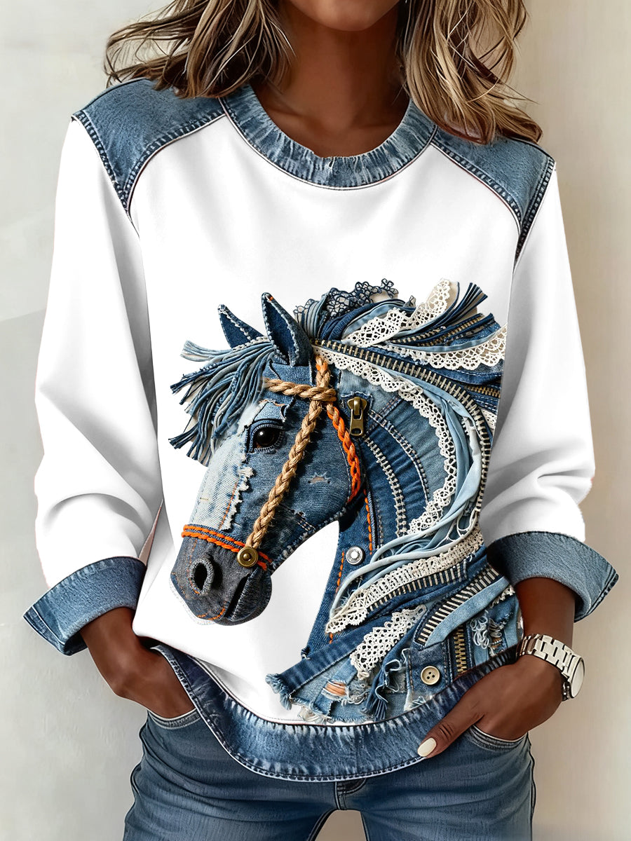 Women's Vintage Horse Art Denim Patchwork Top